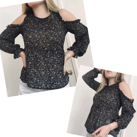 American Eagle AEO Black Sheer Floral Cold Shoulder Blouse Women's Small S EUC - Picture 1 of 11